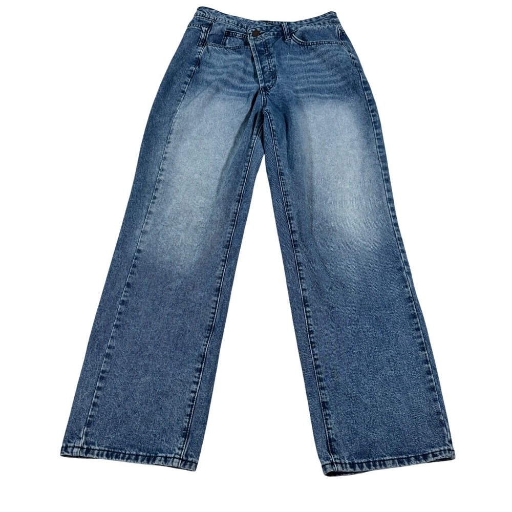 Flamingo Medium Wash Asymmetrical Crossover Button Fly Wide Leg Jeans Mens M